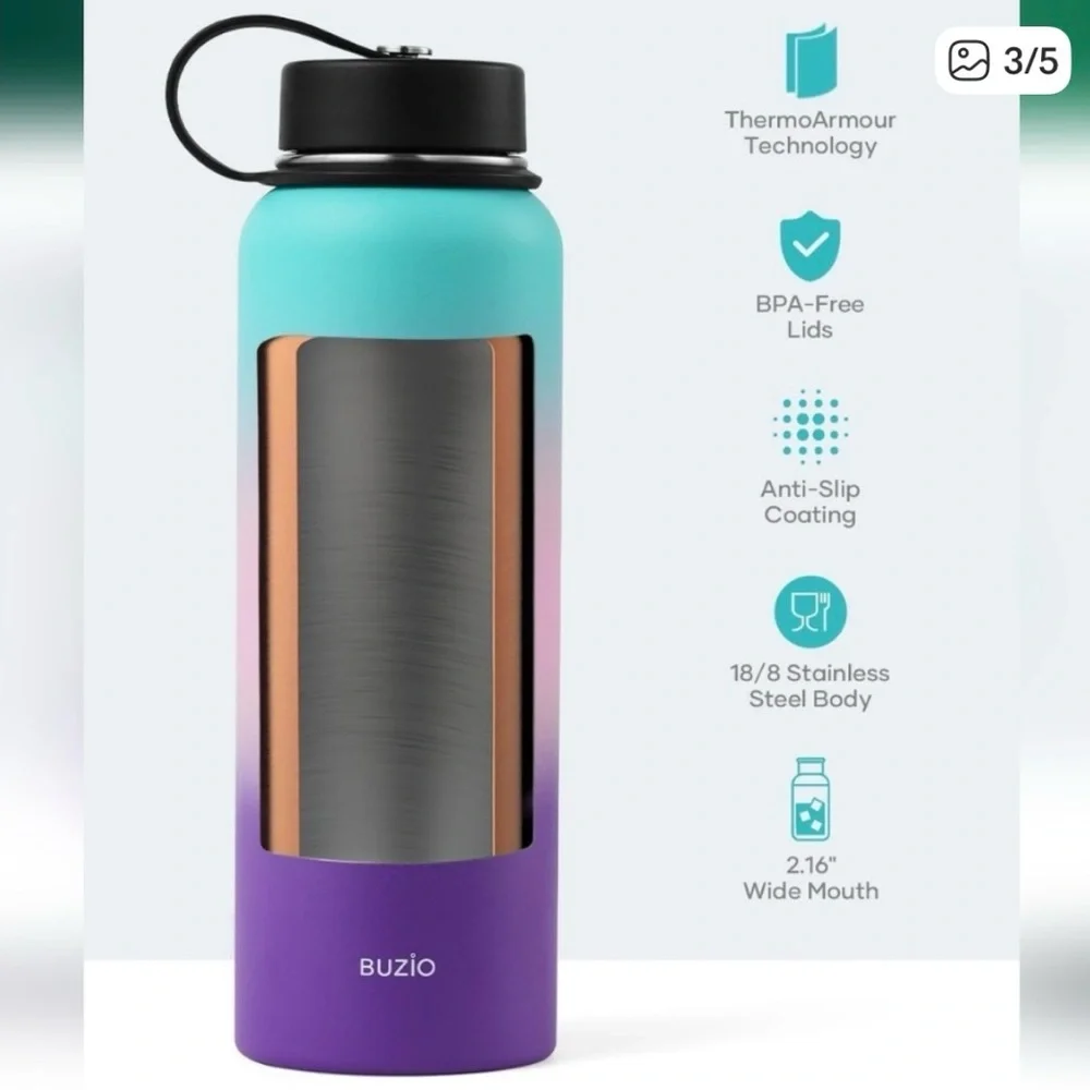 WATER BOTTLE BUZIO 40oz STAINLESS STEEL INSULATED NWOT W/FLEX CAP HOT/COLD